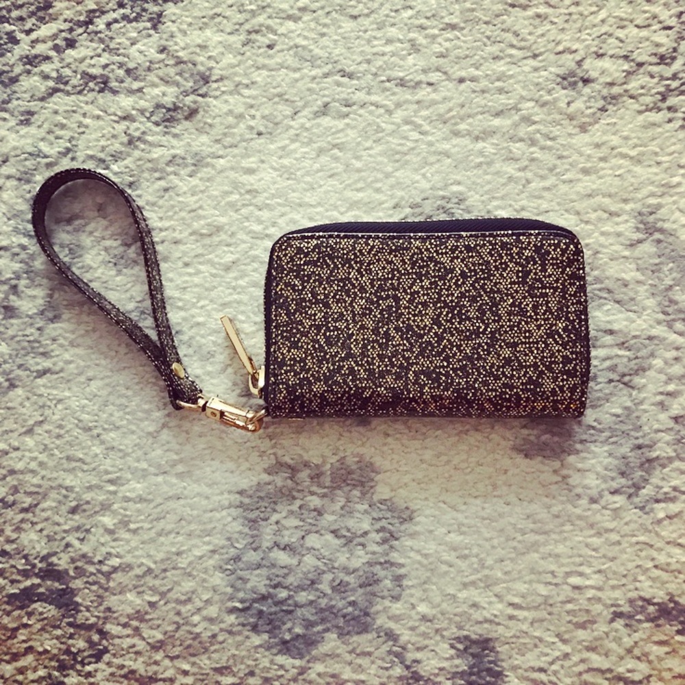 Sparkly black & gold glitter wristlet wallet